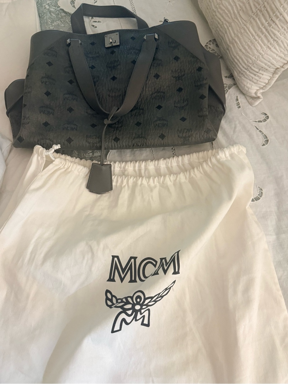 MCM gray Monogram Pebbled Leather Tote with Gold Hardware